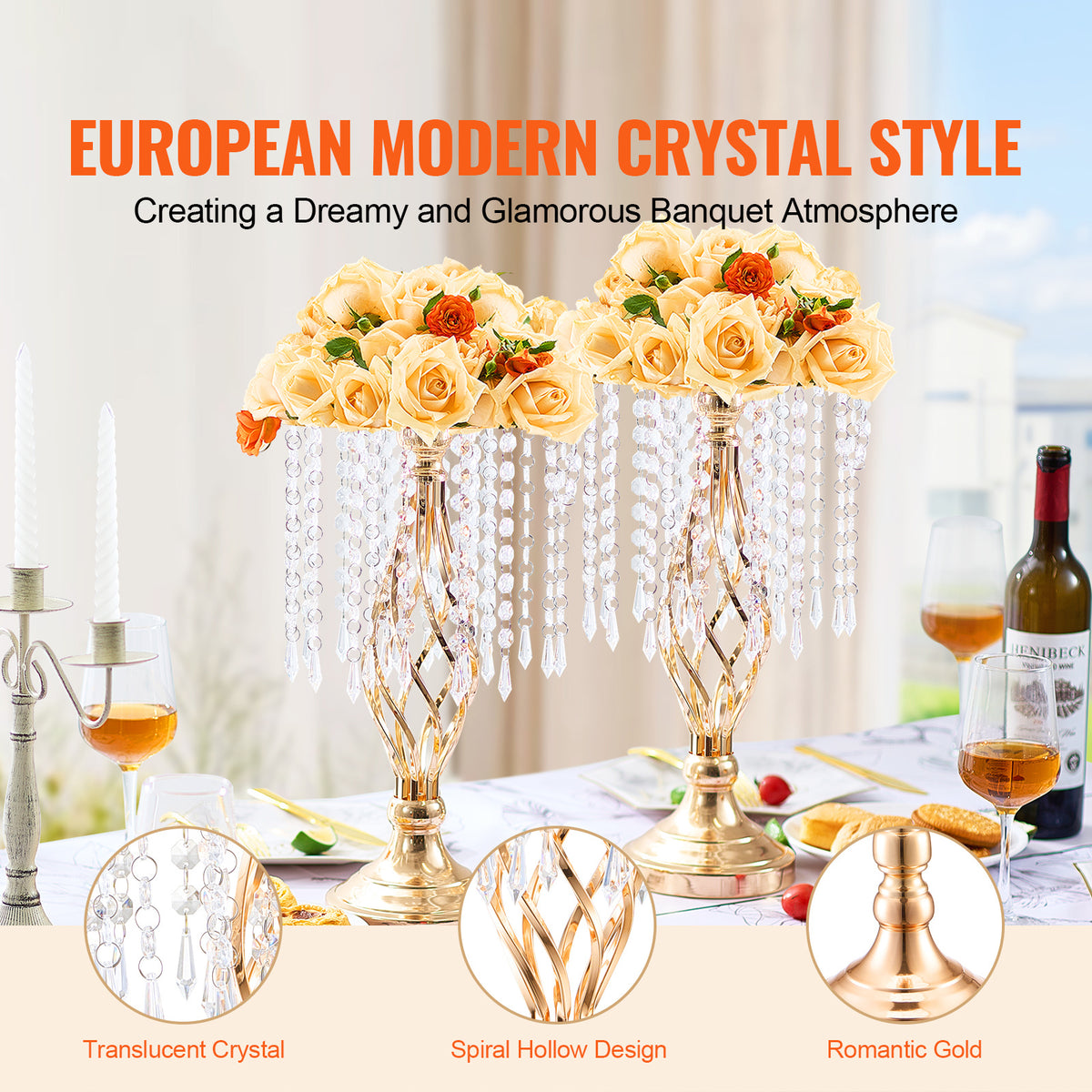 VEVOR 20pcs 43cm/16.9" Tall Crystal Wedding Flower Stand Vase for Party Decor
