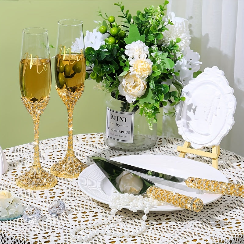 4Pcs Wedding Champagne Flutes And Cake Knife Server Set, Toasting Crystal Rhinestone Champagne Flutes Glass Cake Knife Pie Server Wedding Gift For Couple Bride Groom, Wedding Reception Supplies, Champagne Glass For Anniversar