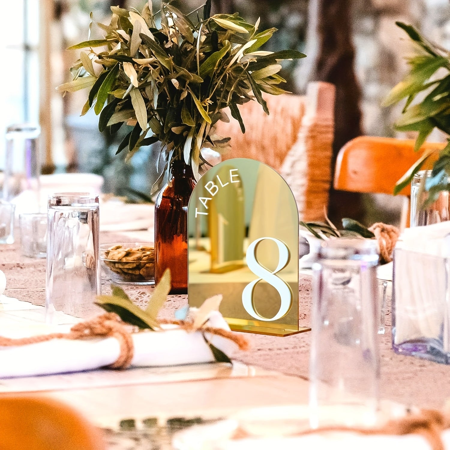 Golden Arch-Shaped Number Table Sign 1-10 with Stand – 10cm x 15cm Acrylic Desktop Holder Featuring Elegant Typography,