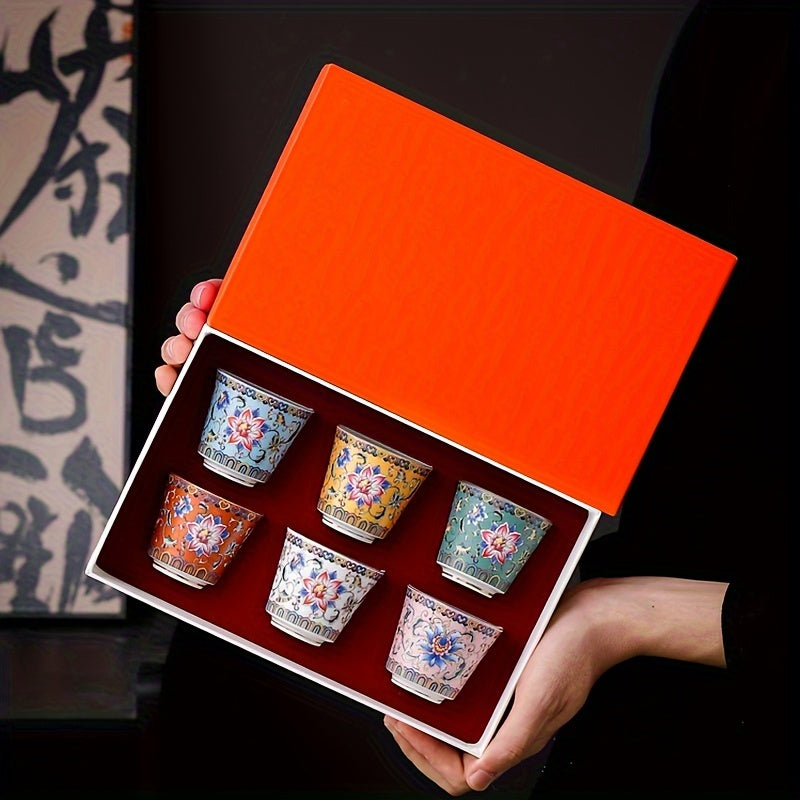 Timeless Appeal, Elegant Floral Enamel Tea Cup Set - 6 Ceramic Tea Cups with Gift Box, Reusable & Handwash Only, Perfect for Home, Office, and Restaurant Use