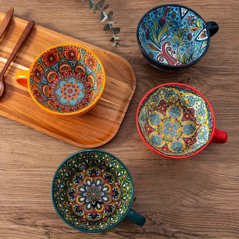 1PC 15OZ Bohemian Ceramic Coffee Mug, Large Capacity, Insulated, Machine Washable, Reusable Multipurpose Cup for Microwave Heating Milk & Coffee