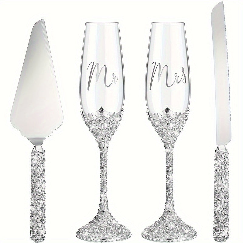 4Pcs Wedding Champagne Flutes And Cake Knife Server Set, Toasting Crystal Rhinestone Champagne Flutes Glass Cake Knife Pie Server Wedding Gift For Couple Bride Groom, Wedding Reception Supplies, Champagne Glass For Anniversar