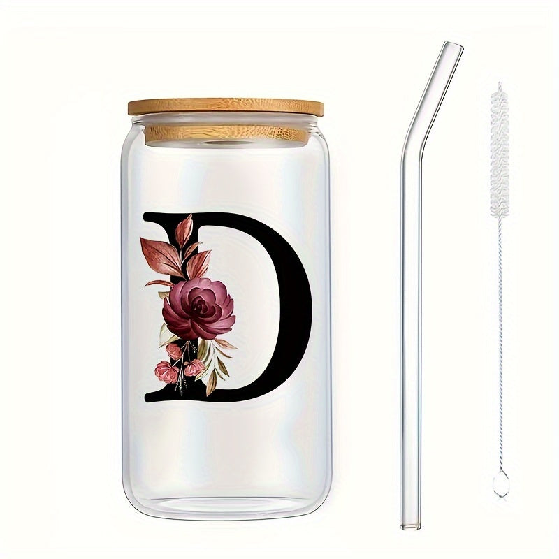 16oz Glass Coffee Mug with Bamboo Lid & Straw - A-Z Letter Design, Perfect for Office & Home Use, Ideal Birthday or Holiday Gift for Women