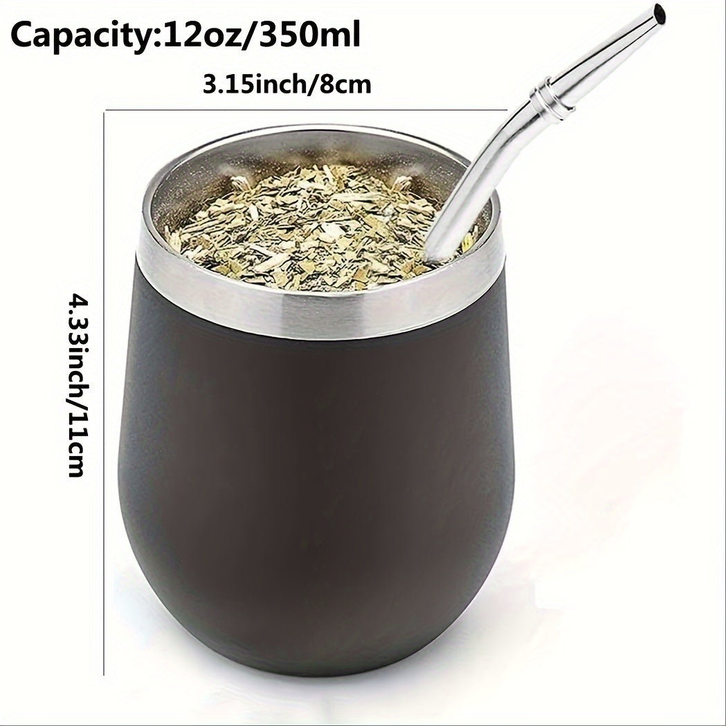 HEPEGA 12oz Stainless Steel Yerba Mate Gourd Set with Lid & Bombilla - Double-Walled, Insulated for Hot or Cold Beverages, Dishwasher Safe, Lead-Free
