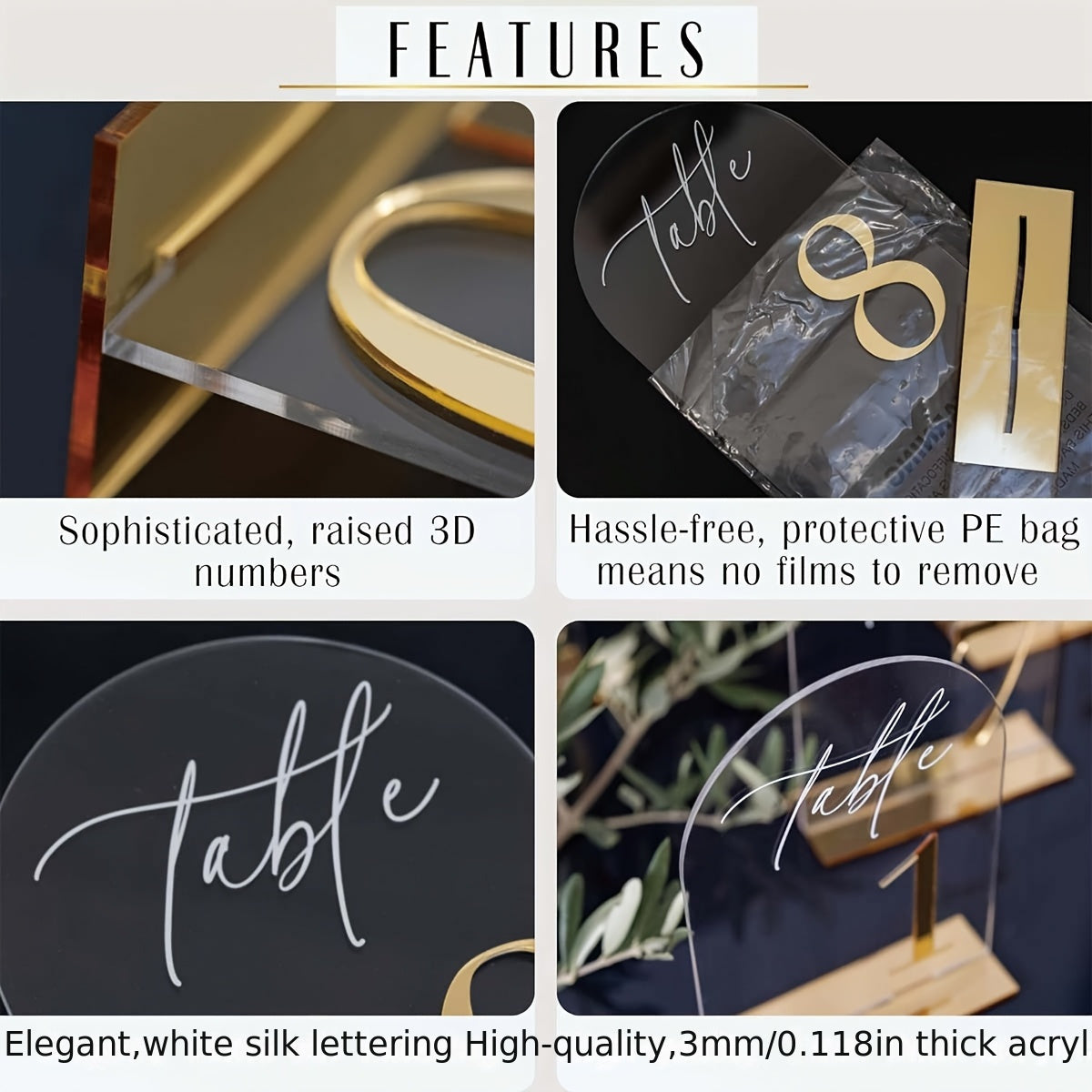 Acrylic Wedding Table Number Plate 1-10 with Stand, 10.01 x 15.01cm Elegant Golden Durable Thick Style Suitable