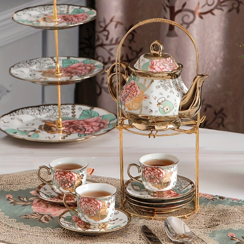 Deluxe Floral Ceramic Tea Set with Golden Stand - 20-Piece Hand-Painted Tea Service for 6, Includes Cups, Saucers, Spoons, Teapot - BPA Free, Hand Wash Only, Leak Proof, Insulated for Mother's Day, Thanksgiving, Elegant Gifti
