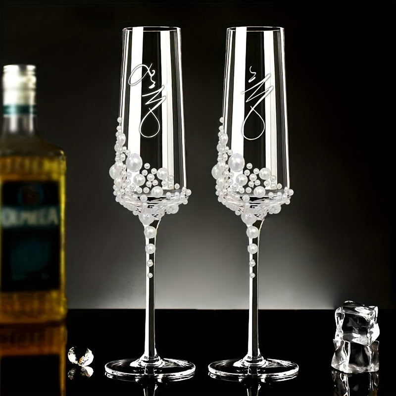 2pcs Elegant Pearl Crystal Champagne Glasses - Perfect for Weddings, Engagements, Valentine's & Mother's Day Gifts | Reusable, Handwash Only