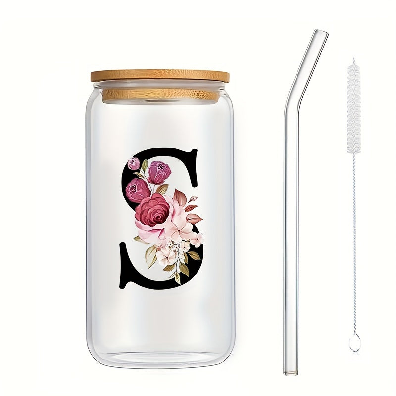 16oz Glass Coffee Mug with Bamboo Lid & Straw - A-Z Letter Design, Perfect for Office & Home Use, Ideal Birthday or Holiday Gift for Women