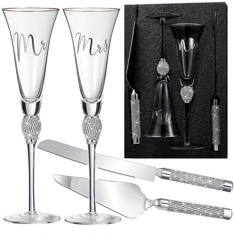 4pcs/Set, Wedding Cake Knife And Sever Set, Wedding Champagne Flutes With Mr And Mrs Letter, Crystal Champagne Glasses Cake Knife Pie Server For Bride And Groom, Cake Cutting Set For Wedding, Great Gifts For Couple Anniversar