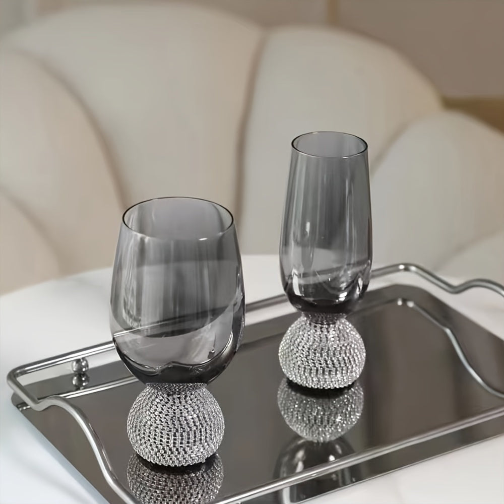 2pcs Luxe Stemless Wine Glass Set, Hand-Blown Insulated Glassware, Rhinestone Embellished, Smoke Grey, Reusable for Cocktails, Red Wine, Whiskey - Ideal for Christmas, Halloween, Easter, Thanksgiving, Hanukkah Gifts