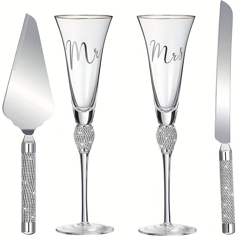 4pcs/Set, Wedding Cake Knife And Sever Set, Wedding Champagne Flutes With Mr And Mrs Letter, Crystal Champagne Glasses Cake Knife Pie Server For Bride And Groom, Cake Cutting Set For Wedding, Great Gifts For Couple Anniversar