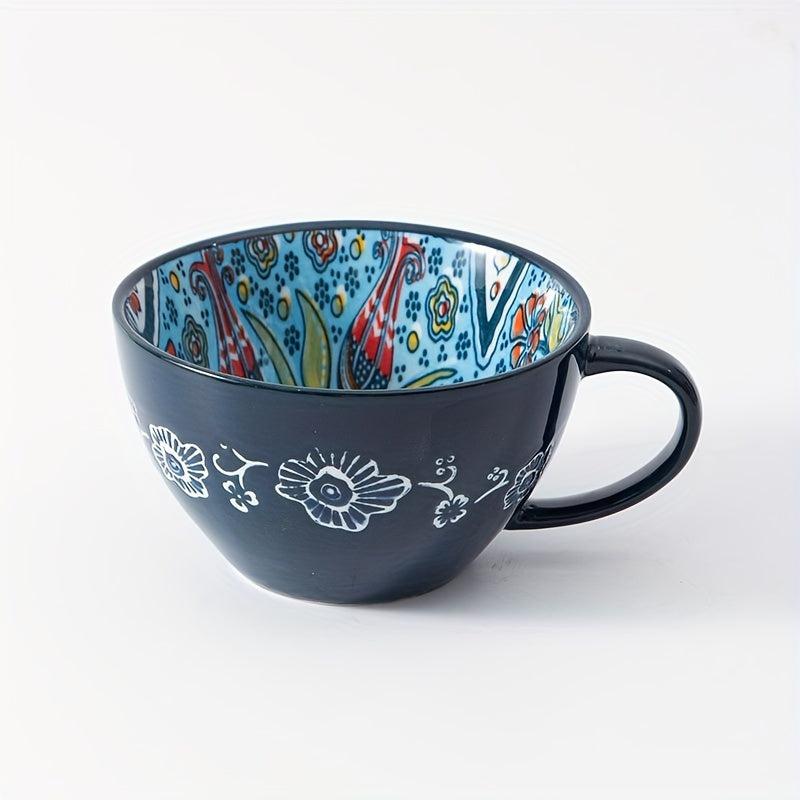 1PC 15OZ Bohemian Ceramic Coffee Mug, Large Capacity, Insulated, Machine Washable, Reusable Multipurpose Cup for Microwave Heating Milk & Coffee
