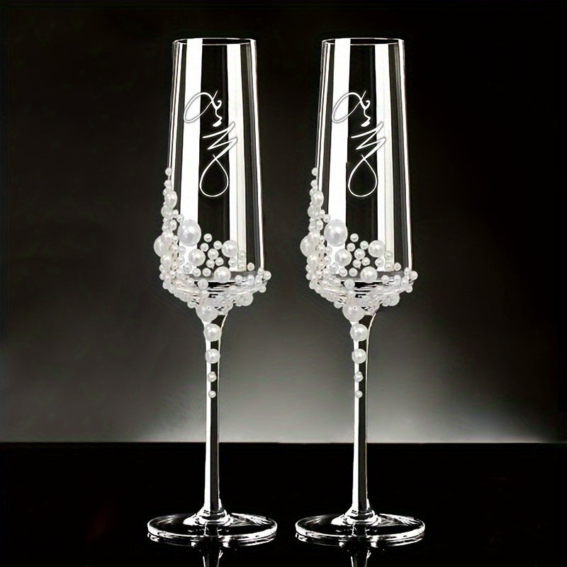 2pcs Elegant Pearl Crystal Champagne Glasses - Perfect for Weddings, Engagements, Valentine's & Mother's Day Gifts | Reusable, Handwash Only