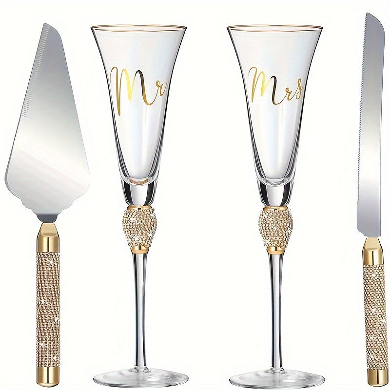 4pcs/Set, Wedding Cake Knife And Sever Set, Wedding Champagne Flutes With Mr And Mrs Letter, Crystal Champagne Glasses Cake Knife Pie Server For Bride And Groom, Cake Cutting Set For Wedding, Great Gifts For Couple Anniversar