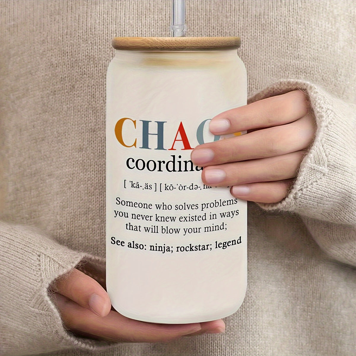 Chaos Coordinator 16oz Glass Tumbler with Bamboo Lid and Straw - English Alphabet Print, Hand Wash Only, Glass Canister for Juice, Iced Coffee, Multipurpose - Reusable & Recyclable Glass Jar, Ideal for Birthday Gifts, New Yea