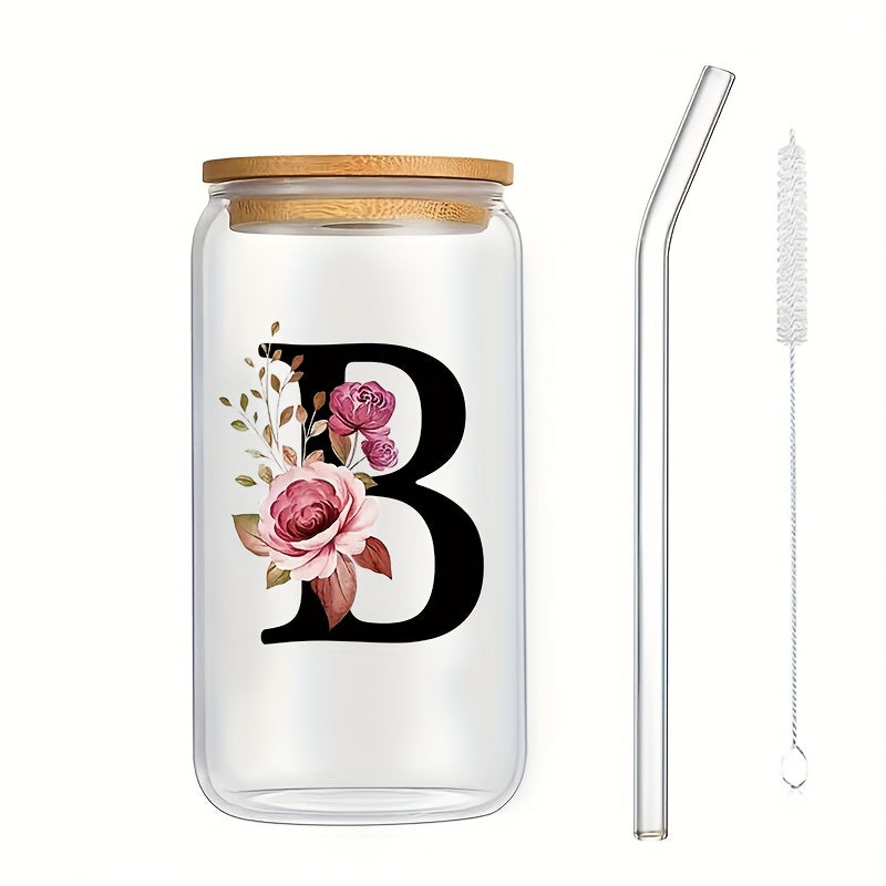 16oz Glass Coffee Mug with Bamboo Lid & Straw - A-Z Letter Design, Perfect for Office & Home Use, Ideal Birthday or Holiday Gift for Women