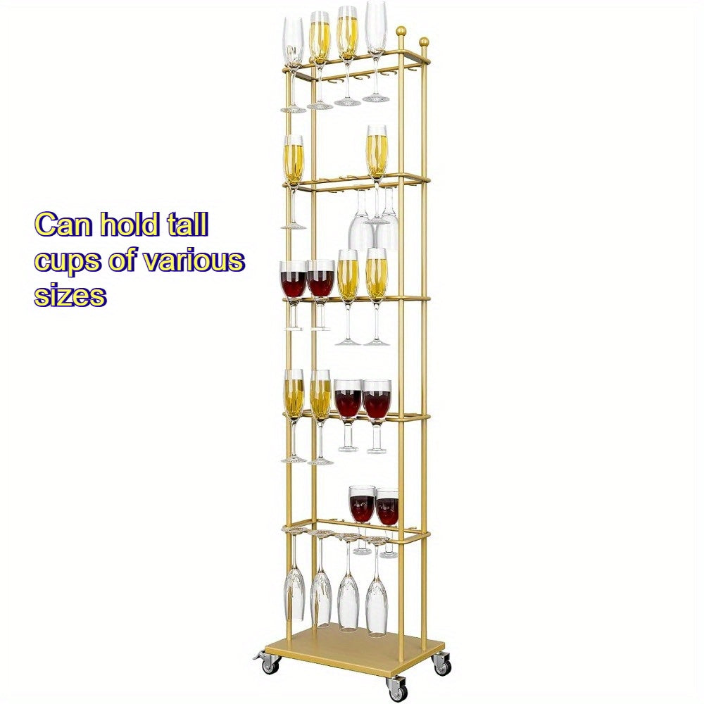 Party Champagne Wall, 5-layer movable champagne wall rack, capable of accommodating 40 tall glasses of various sizes, metal champagne tower, wheeled glass rack, small size, suitable for parties, weddings, events, and Christma