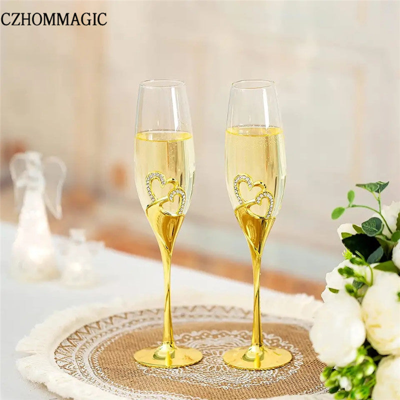 [Popular Choice] Elegant 2pcs Golden Heart Champagne Flute Set - Perfect for Weddings, Anniversaries & Valentine's Day Gifts