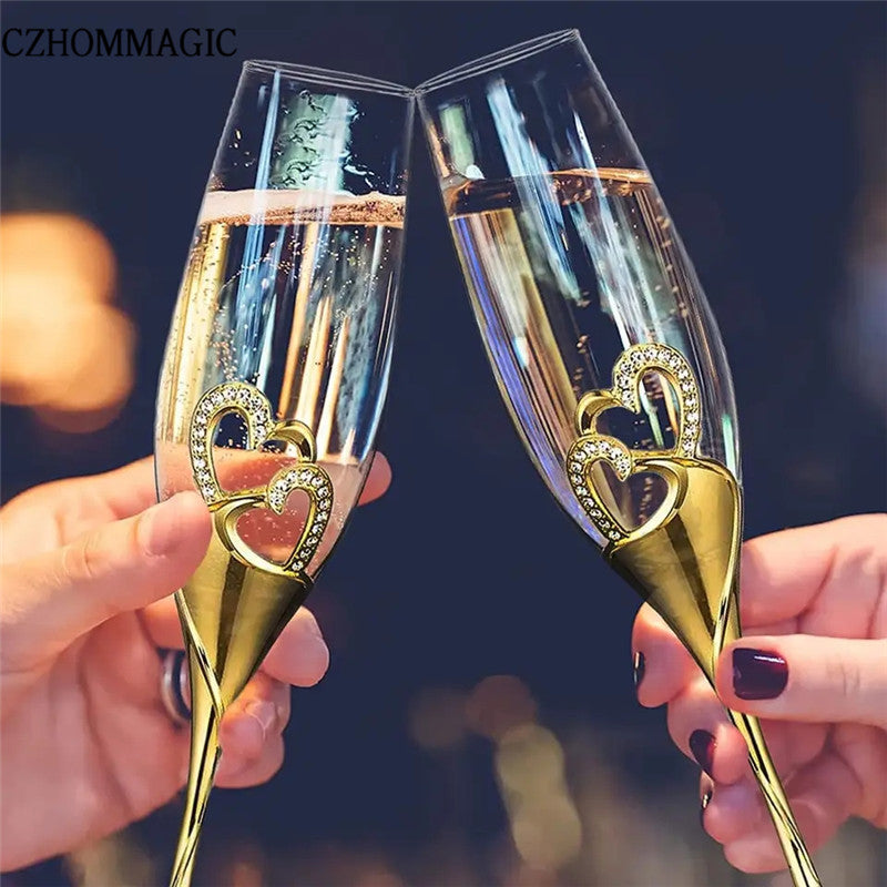 [Popular Choice] Elegant 2pcs Golden Heart Champagne Flute Set - Perfect for Weddings, Anniversaries & Valentine's Day Gifts
