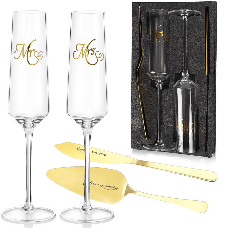 4Pcs Wedding Champagne Flutes Cake Knife And Server Set, Champagne Flutes Engraved Mr And Mrs For Wedding, Bride And Groom Toasting Flutes, Cake Cutting Set, Couples Engagement Gift Wedding Reception Supplies