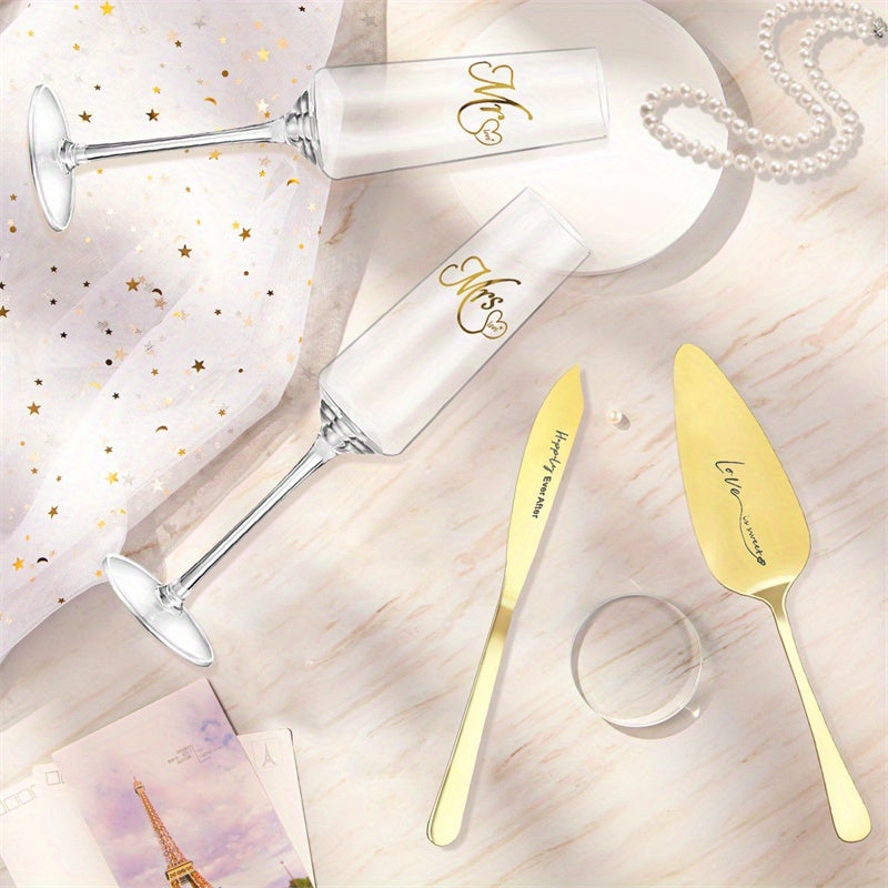 4Pcs Wedding Champagne Flutes Cake Knife And Server Set, Champagne Flutes Engraved Mr And Mrs For Wedding, Bride And Groom Toasting Flutes, Cake Cutting Set, Couples Engagement Gift Wedding Reception Supplies