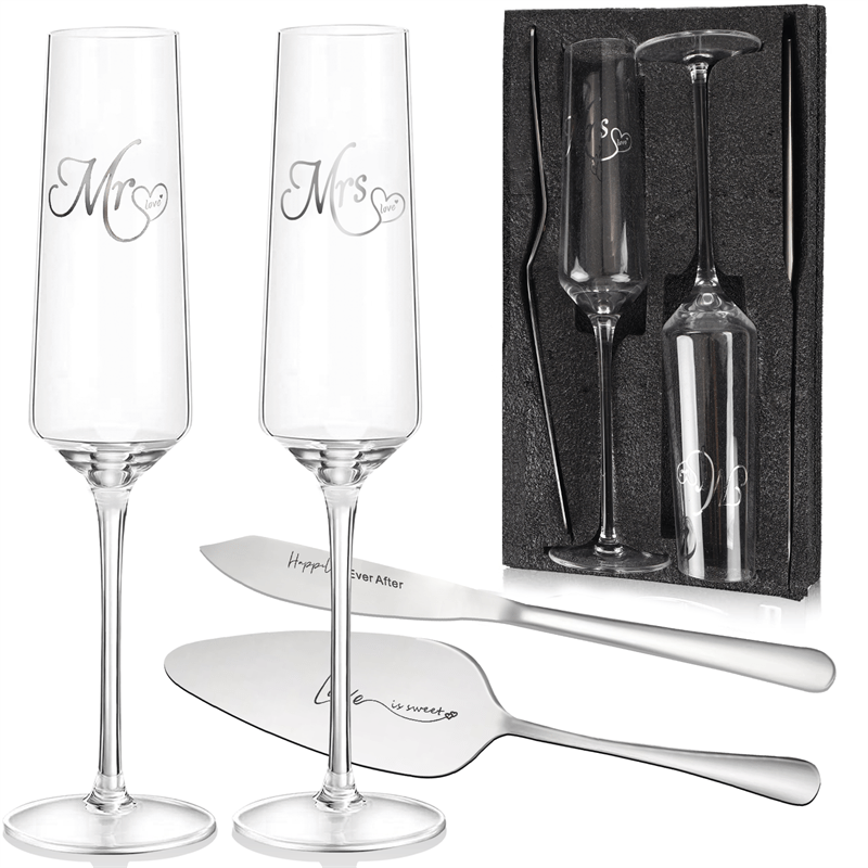 4Pcs Wedding Champagne Flutes Cake Knife And Server Set, Champagne Flutes Engraved Mr And Mrs For Wedding, Bride And Groom Toasting Flutes, Cake Cutting Set, Couples Engagement Gift Wedding Reception Supplies