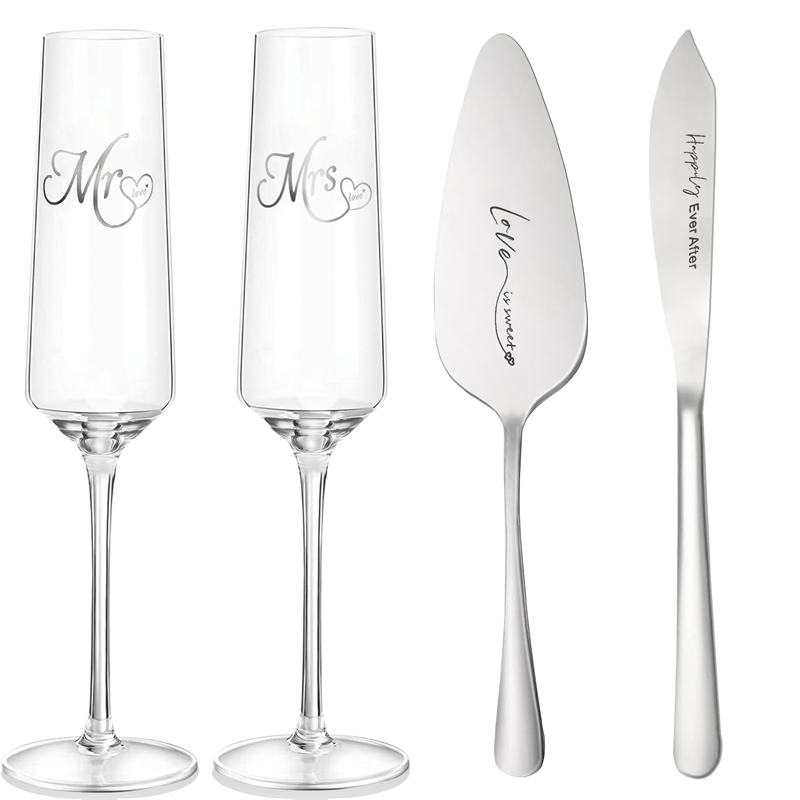 4Pcs Wedding Champagne Flutes Cake Knife And Server Set, Champagne Flutes Engraved Mr And Mrs For Wedding, Bride And Groom Toasting Flutes, Cake Cutting Set, Couples Engagement Gift Wedding Reception Supplies