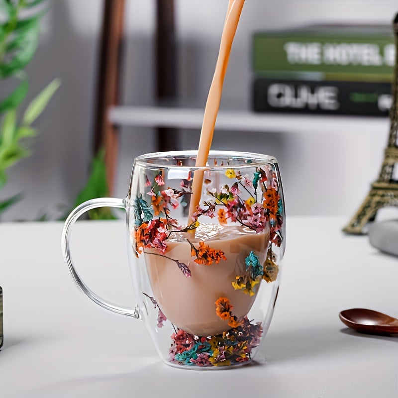 [Popular Choice] Vintage 350ml Double-Walled Glass Cup with Dried Flowers, Reusable Coffee and Whiskey Cup for Iced Drinks, Coffee Mug, Creative, 1pc Set
