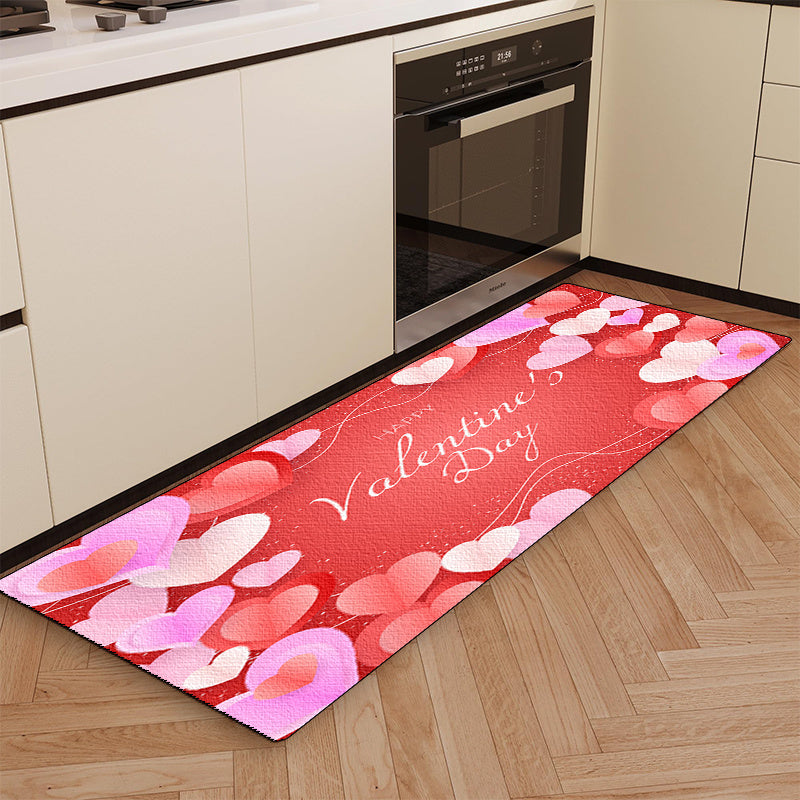 1pc Valentine's Day Love Card Design Non-Slip Flannel Doormat - Soft, Comfortable Standing Mat with Heart Motifs for Kitchen, Home, Office, Laundry Room, Bathroom - Machine Washable, Stain-Resistant, Ideal for Modern Home Dec