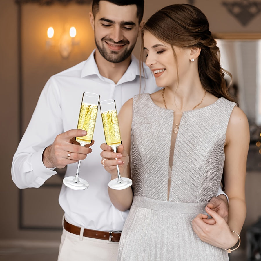YumiPLUS 2pcs Mr & Mrs Crystal Champagne Glasses Set - Elegant Long Stem, Reusable, Insulated for Weddings, Engagements, and Special Occasions