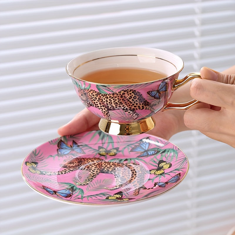 Luxury Vintage Bone China Tea Set - 7oz Coffee Cup, Saucer & Spoon, Lead-Free, Insulated, Non-Slip Grip, Perfect for Afternoon Tea & Special Occasions