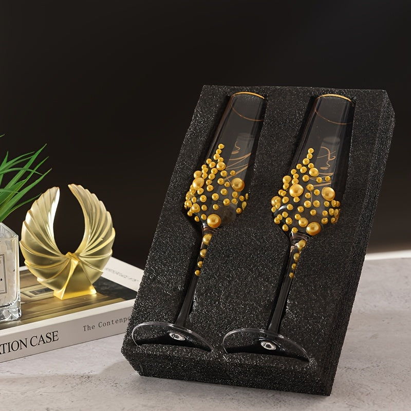 2pcs Elegant Wedding Crystal Glass Champagne Glasses Pearl Golden Letters Suitable for Wedding Festival Gifts Family Gatherings Valentine'S Day Christmas Thanksgiving Boyfriend And Girlfriend Special Occasion Gifts Crystal Gl