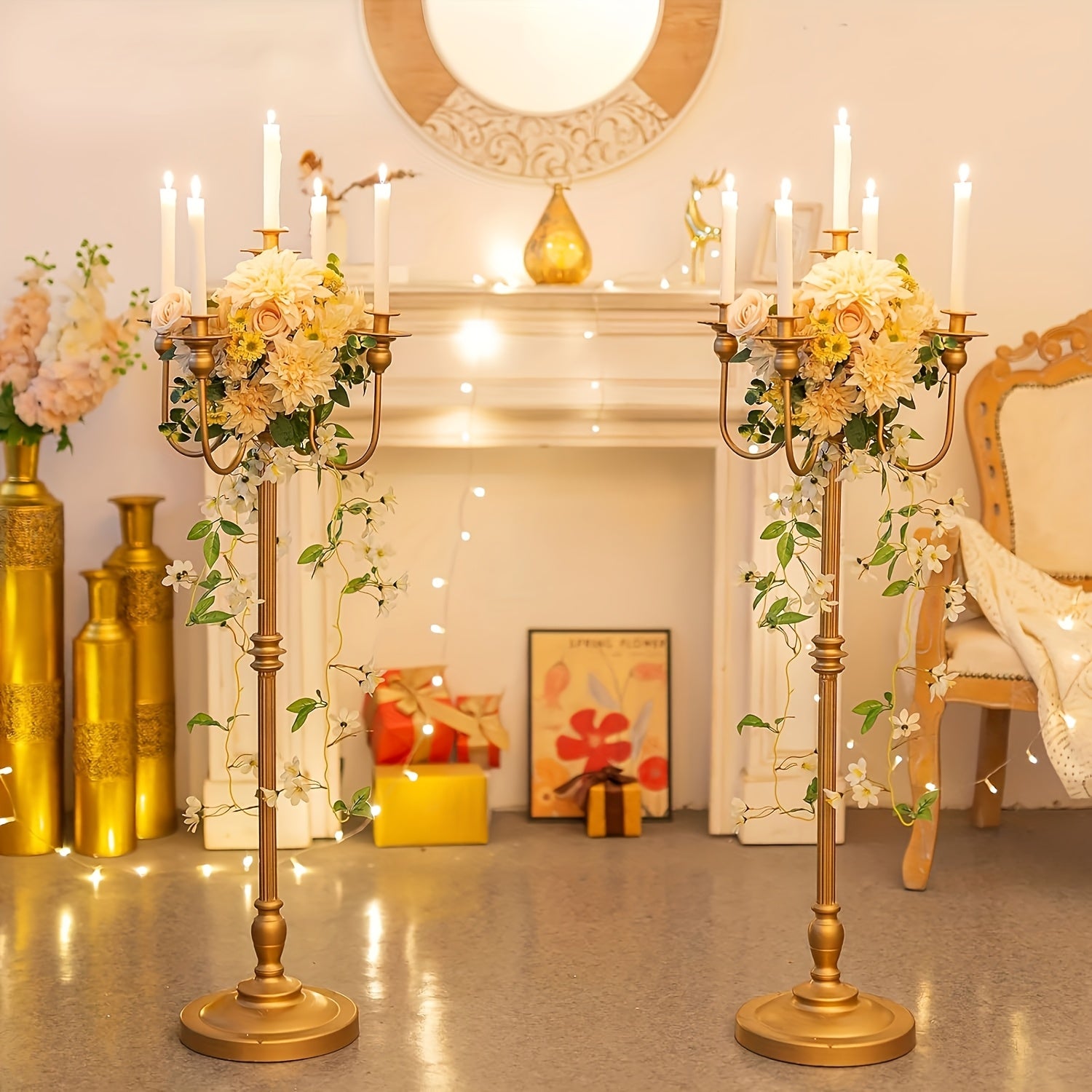 1pc Elegant 5-Arms Golden Metal Candelabra, Floor Mount Floral Centerpiece Stand