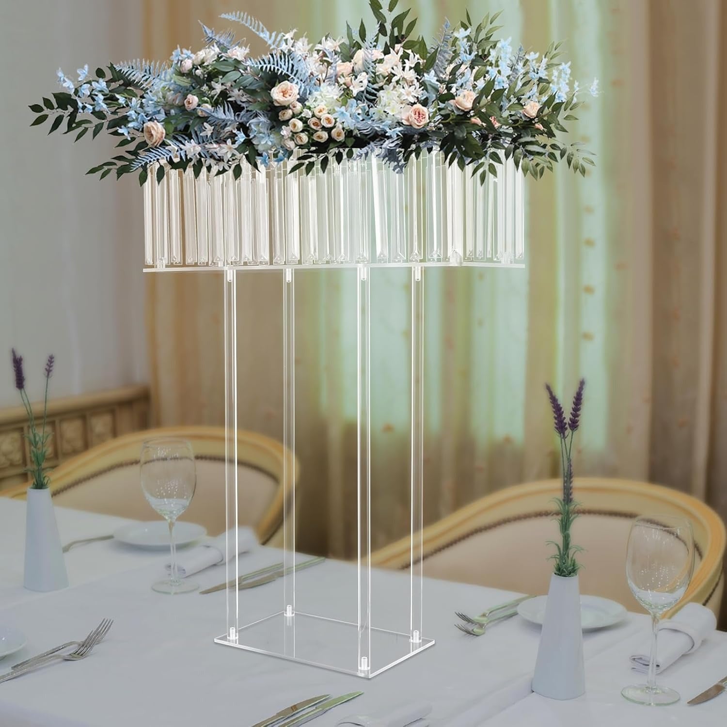 Large Modern Acrylic Wedding Flower Stand with Hanging Pendants - 9.36meter-like Height (59.94cmL x 77.98cmH) Clear Vase, Sturdy Base /Table Centerpiece