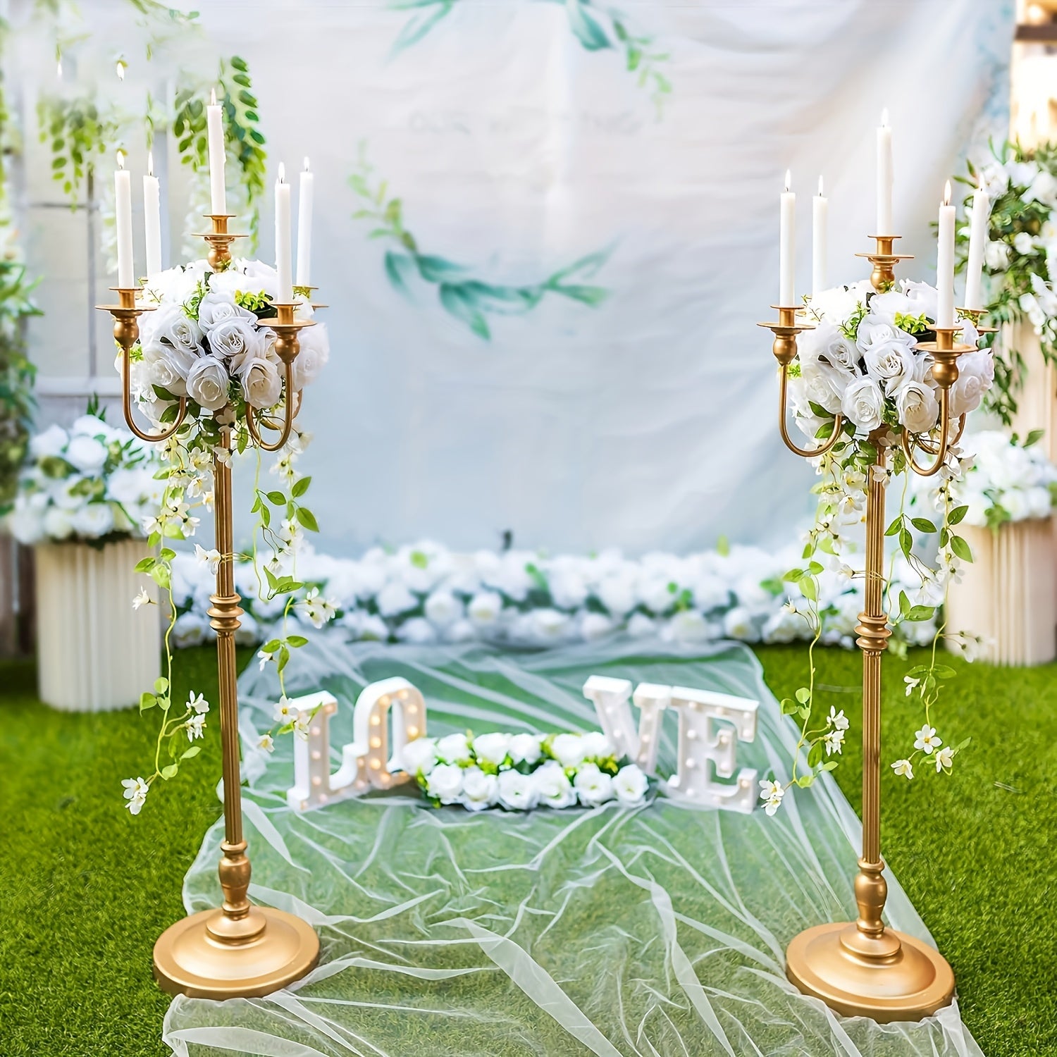 1pc Elegant 5-Arms Golden Metal Candelabra, Floor Mount Floral Centerpiece Stand