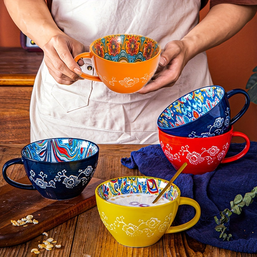1PC 15OZ Bohemian Ceramic Coffee Mug, Large Capacity, Insulated, Machine Washable, Reusable Multipurpose Cup for Microwave Heating Milk & Coffee