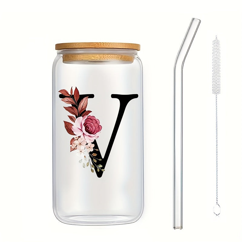 16oz Glass Coffee Mug with Bamboo Lid & Straw - A-Z Letter Design, Perfect for Office & Home Use, Ideal Birthday or Holiday Gift for Women