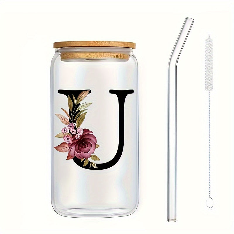 16oz Glass Coffee Mug with Bamboo Lid & Straw - A-Z Letter Design, Perfect for Office & Home Use, Ideal Birthday or Holiday Gift for Women