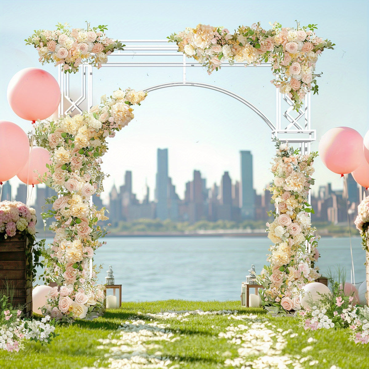 260*259cm Heavy Duty Metal Wedding Arch Backdrop Stand - Large Square Garden Arbor with Sturdy Base, Elegant & Golden Floral Design