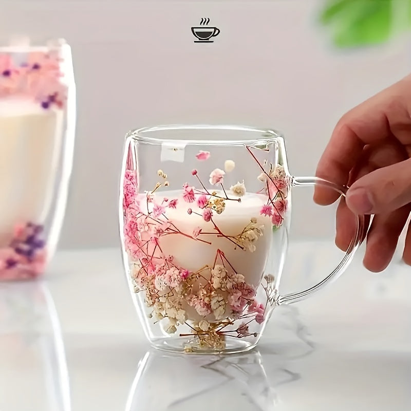 [Popular Choice] Vintage 350ml Double-Walled Glass Cup with Dried Flowers, Reusable Coffee and Whiskey Cup for Iced Drinks, Coffee Mug, Creative, 1pc Set