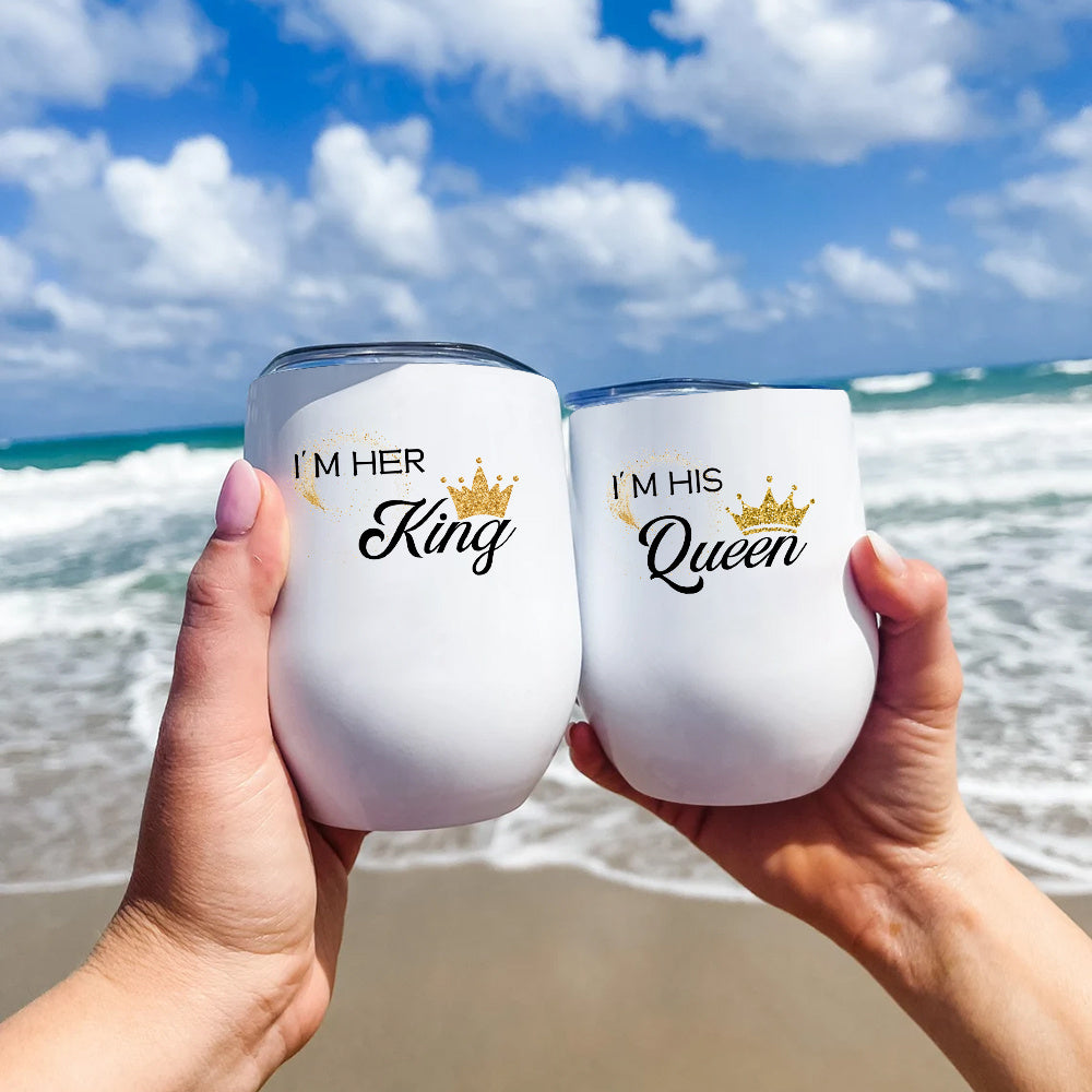 2pcs 12oz Cute Wine Glasses with Lid Printed with I'M HIS Queen/HER King Pattern, Stainless Steel Coffee Cups, Suitable for Christmas and Valentine's Day Gifts for Your Partner