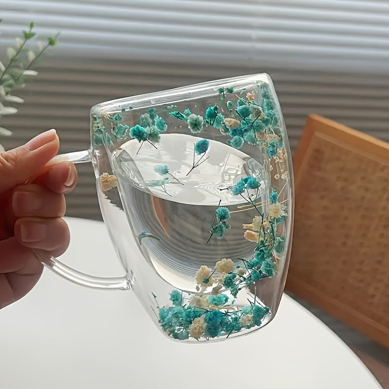 [Popular Choice] Vintage 350ml Double-Walled Glass Cup with Dried Flowers, Reusable Coffee and Whiskey Cup for Iced Drinks, Coffee Mug, Creative, 1pc Set