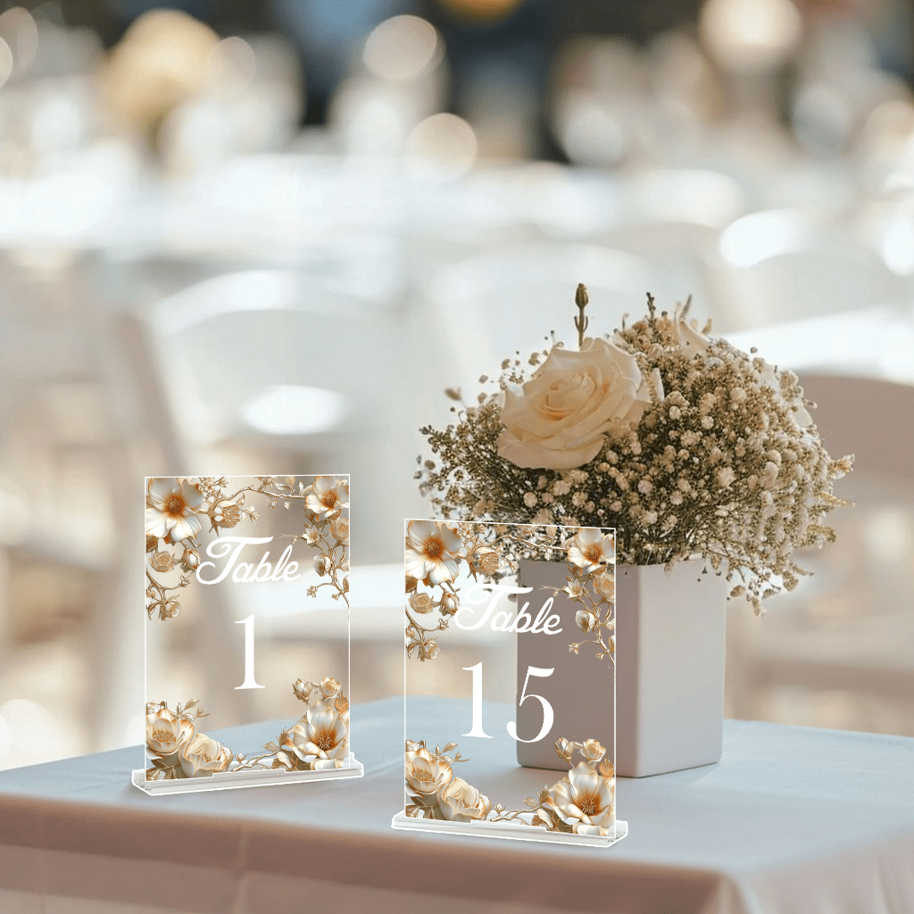 [2D Flat] 20pcs Bohemian Floral Acrylic Tabletop Display Signs, Transparent Place Card Holders with Bases, Multipurpose Elegant Seating