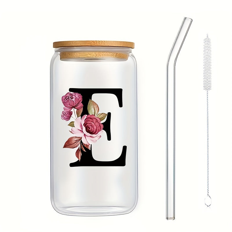 16oz Glass Coffee Mug with Bamboo Lid & Straw - A-Z Letter Design, Perfect for Office & Home Use, Ideal Birthday or Holiday Gift for Women