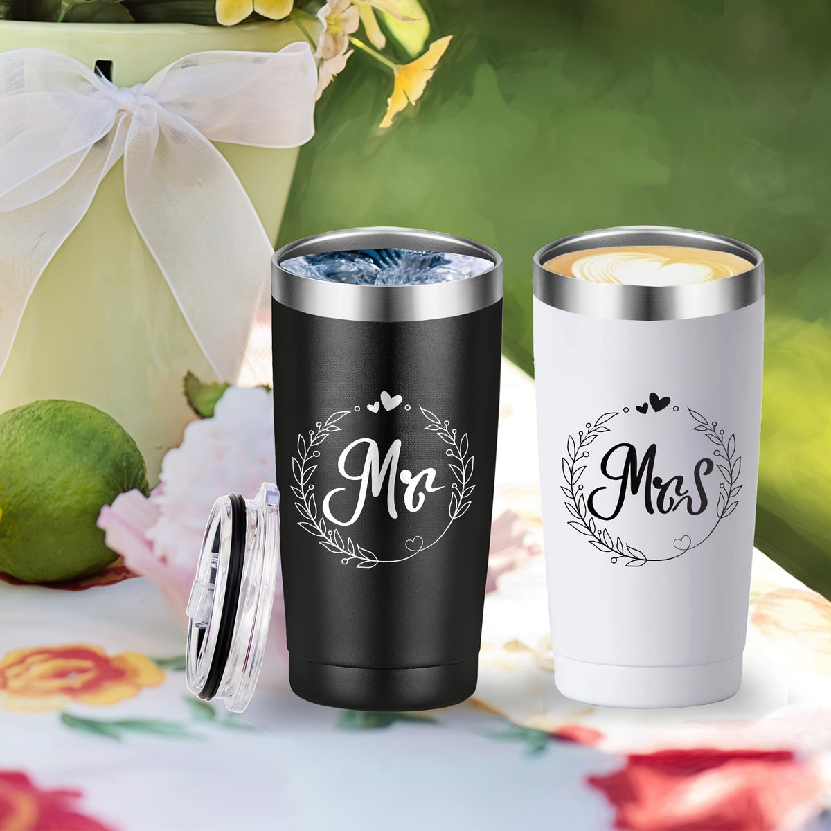 1 Pair, Mr And Mrs Tumblers, Stainless Steel Insulated Travel Tumblers, Ideas For Newlyweds Couples Wife Bride, Engagement Anniversary Valentine's Day Bridal Shower Gifts Wedding Gifts, For Bride Groom Mr Mrs, 20oz (600ml)