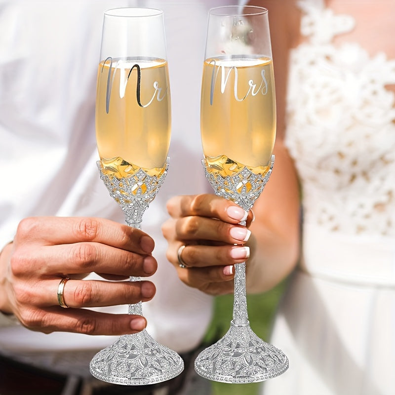 4Pcs Wedding Champagne Flutes And Cake Knife Server Set, Toasting Crystal Rhinestone Champagne Flutes Glass Cake Knife Pie Server Wedding Gift For Couple Bride Groom, Wedding Reception Supplies, Champagne Glass For Anniversar