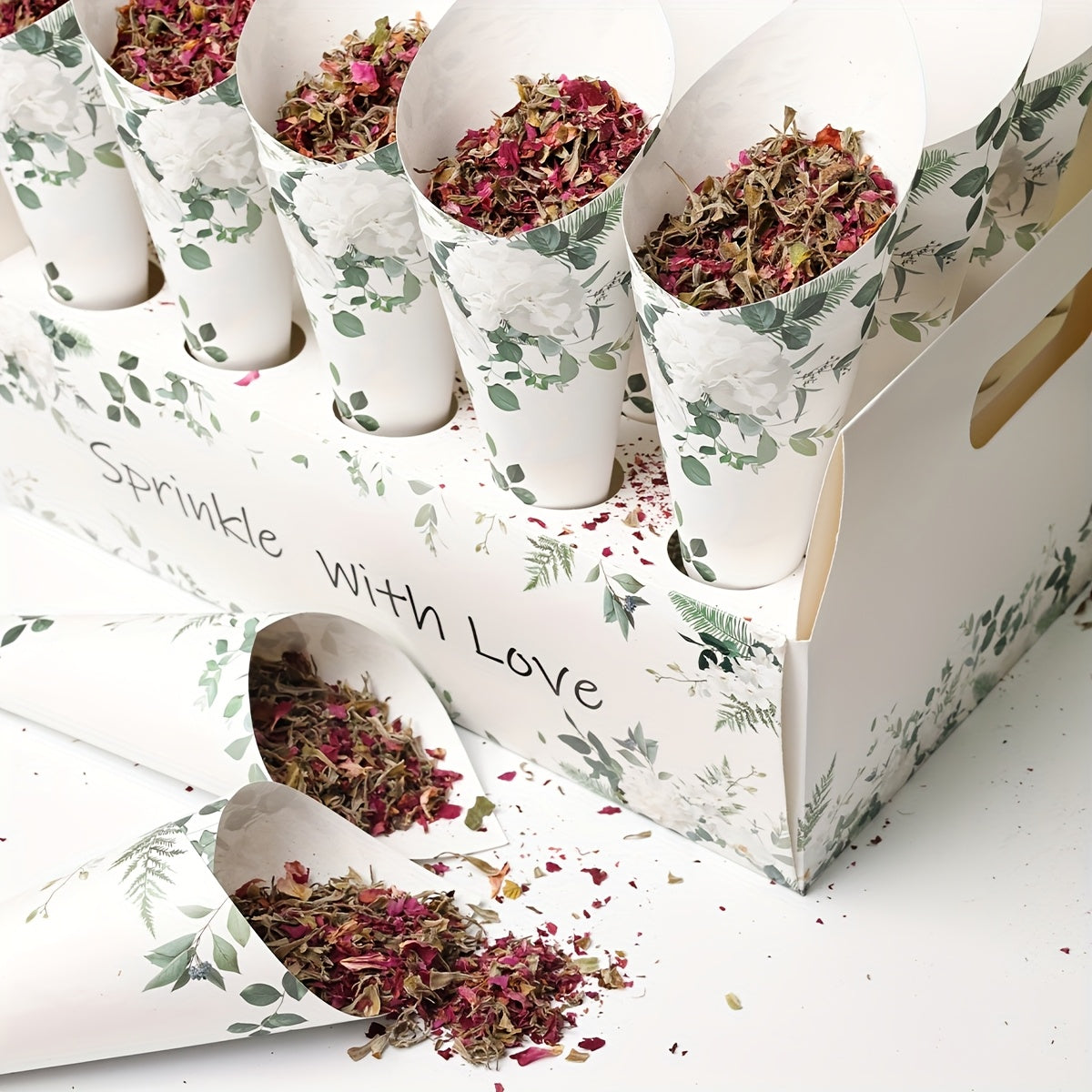 1 Set Green Leaf Kraft Paper Wedding Confetti Cone Kit, Includes Conical Stand Boxes and Trays with Tapered Papers for Natural Petals & Colorful Shreds, Perfect as Party Table Centerpiece Highlight in Rustic Style or Ideal Ch