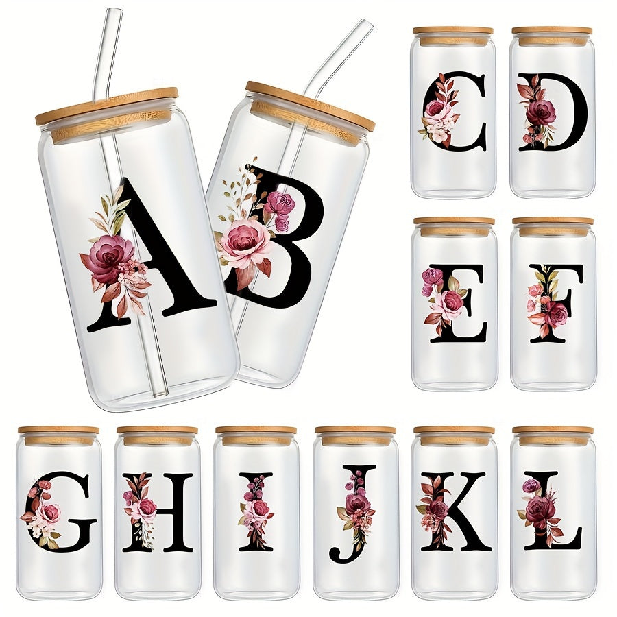 16oz Glass Coffee Mug with Bamboo Lid & Straw - A-Z Letter Design, Perfect for Office & Home Use, Ideal Birthday or Holiday Gift for Women