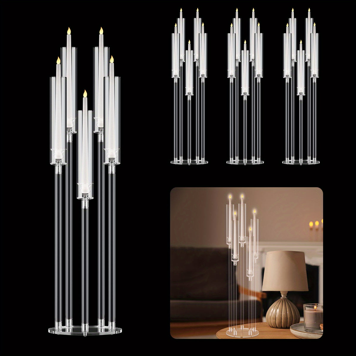 4pcs Candle Holder Centerpiece, High Candle Holder, Clear Candle Cone Candle Holder Holder, 5 Arm Candle Holder Holder with Acrylic Lampshade, Wedding Dinner Candle Ornament (Note that this is an electronic candle holder, can