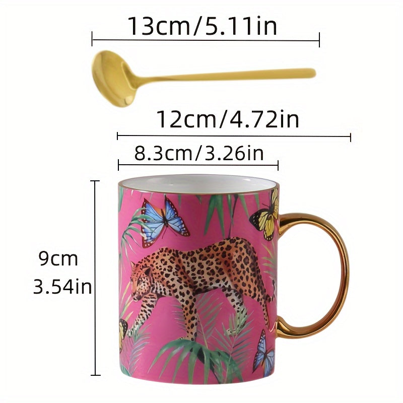 Animal Print Bone China Coffee Mug, 350ml/12.3oz Cheetah & Butterfly Design, Hand Wash Only, Insulated, Non-Slip, Reusable, Lead-Free, with Matching Spoon, for Multipurpose Use, Ideal for Christmas, Halloween, Thanksgiving, E